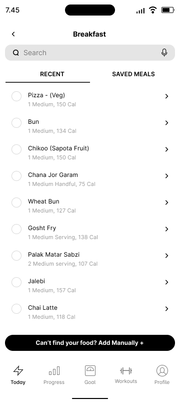 Indian food logging screen